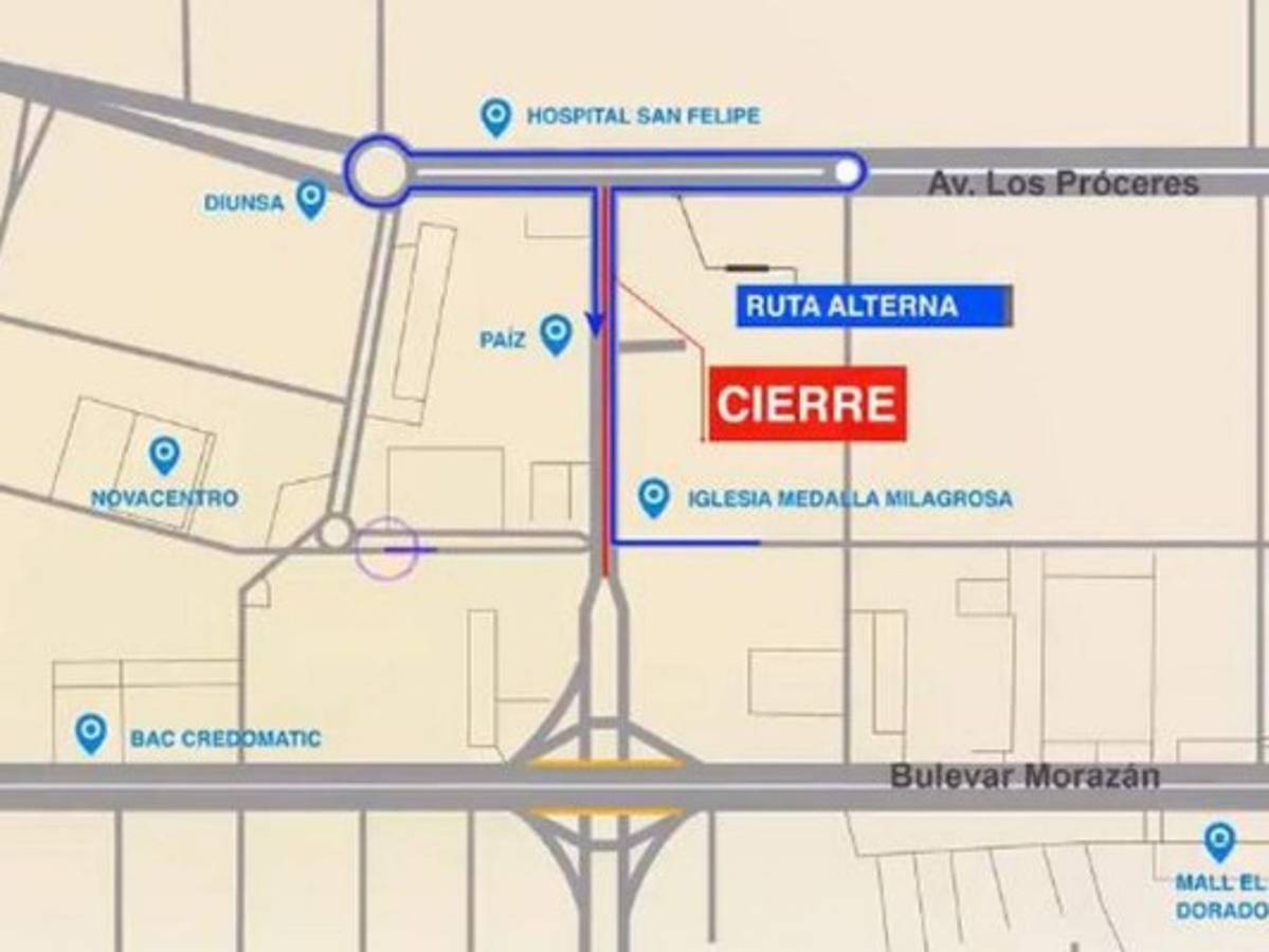 El gráfico muestra el cruce cerrado y la ruta que deberán tomar los conductores. Foto: Movilidad Urbana TGU.